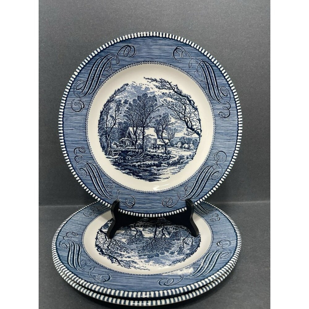3 Vintage CURRIER and IVES 10in DINNER PLATES The Old Grist Mill Horse By ROYAL